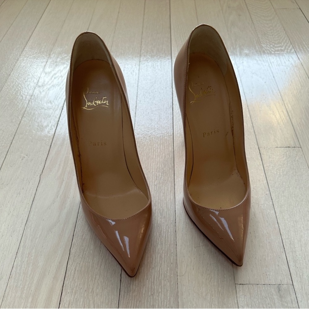 Christian Louboutin Pigalle Follies Patent Leather Pumps 37.5 Beige - Picture 2 of 9